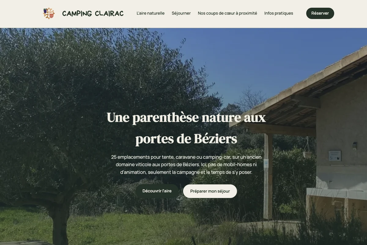 Page d'accueil du site refait du Camping Clairac